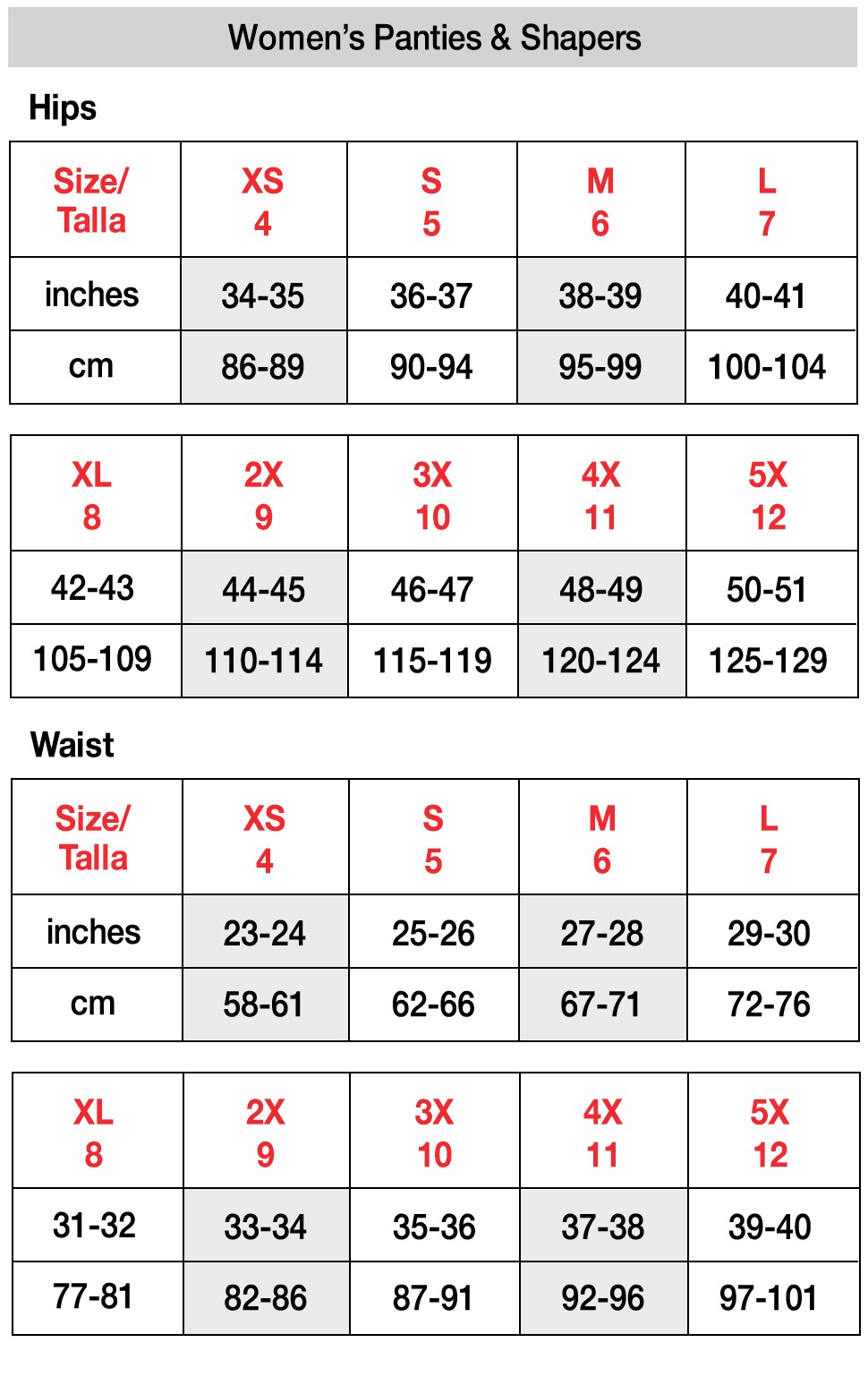 sizes for women's panties and shapes