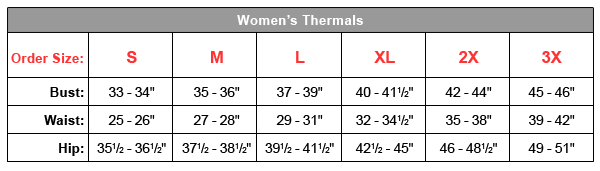Sizing chart for women's thermal ware