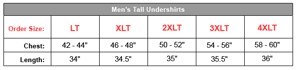 Sizing Chart for men's Undershirt