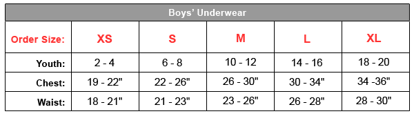 Sizing chart for boys' underwear