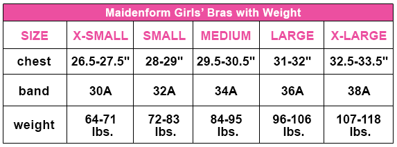 Sizing chart for maidenform girls'bras