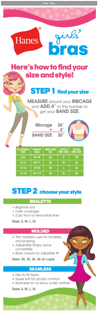 Sizing chart for girls bra